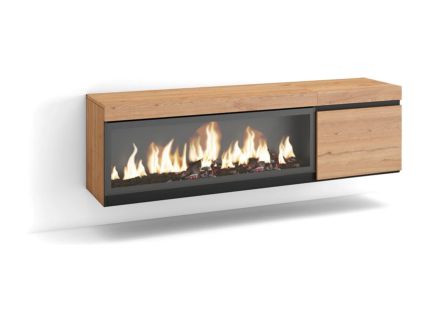 TV-Schrank, Lowboard, 158x35x45cm, Für TV-Geräte bis zu 65", Elektrokamin XXL, Hängend, Eiche