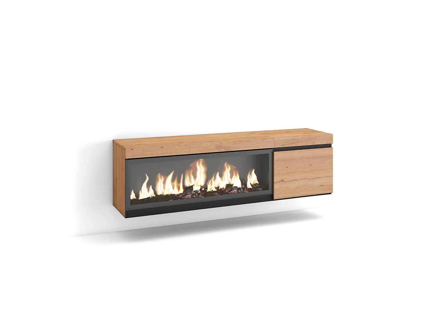 TV-Schrank, Lowboard, 158x35x45cm, Für TV-Geräte bis zu 65", Elektrokamin XXL, Hängend, Eiche