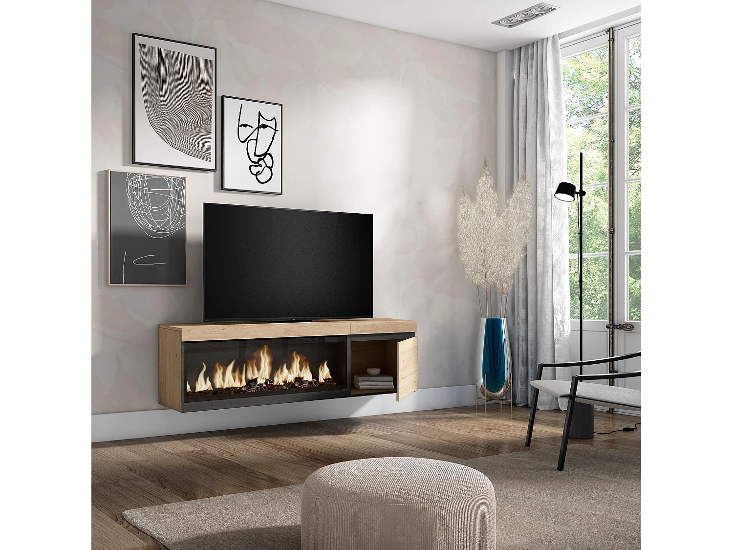 TV-Schrank, Lowboard, 158x35x45cm, Für TV-Geräte bis zu 65", Elektrokamin XXL, Hängend, Eiche