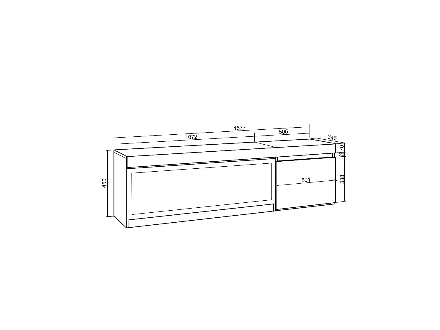 TV-Schrank, Lowboard, 158x35x45cm, Für TV-Geräte bis zu 65", Elektrokamin XXL, Hängend, Eiche