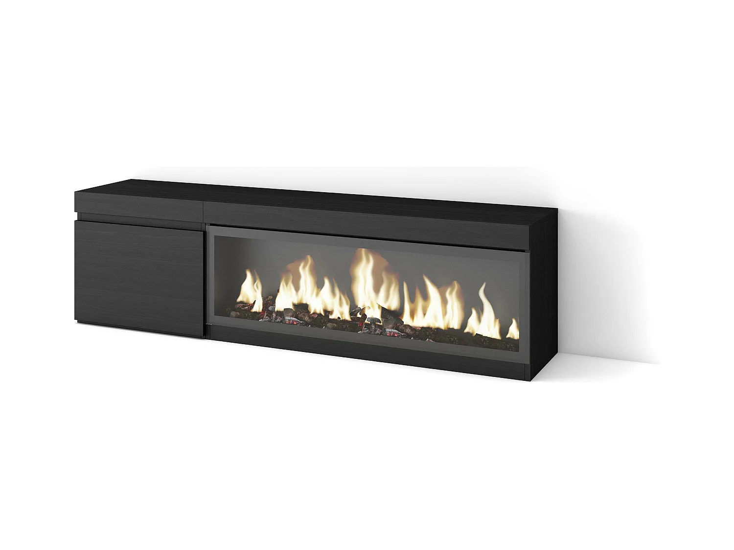Meuble TV, Banc Télé, 158x35x45cm, Pour les TV jusqu'à 65", Cheminée électrique XXL, Noir