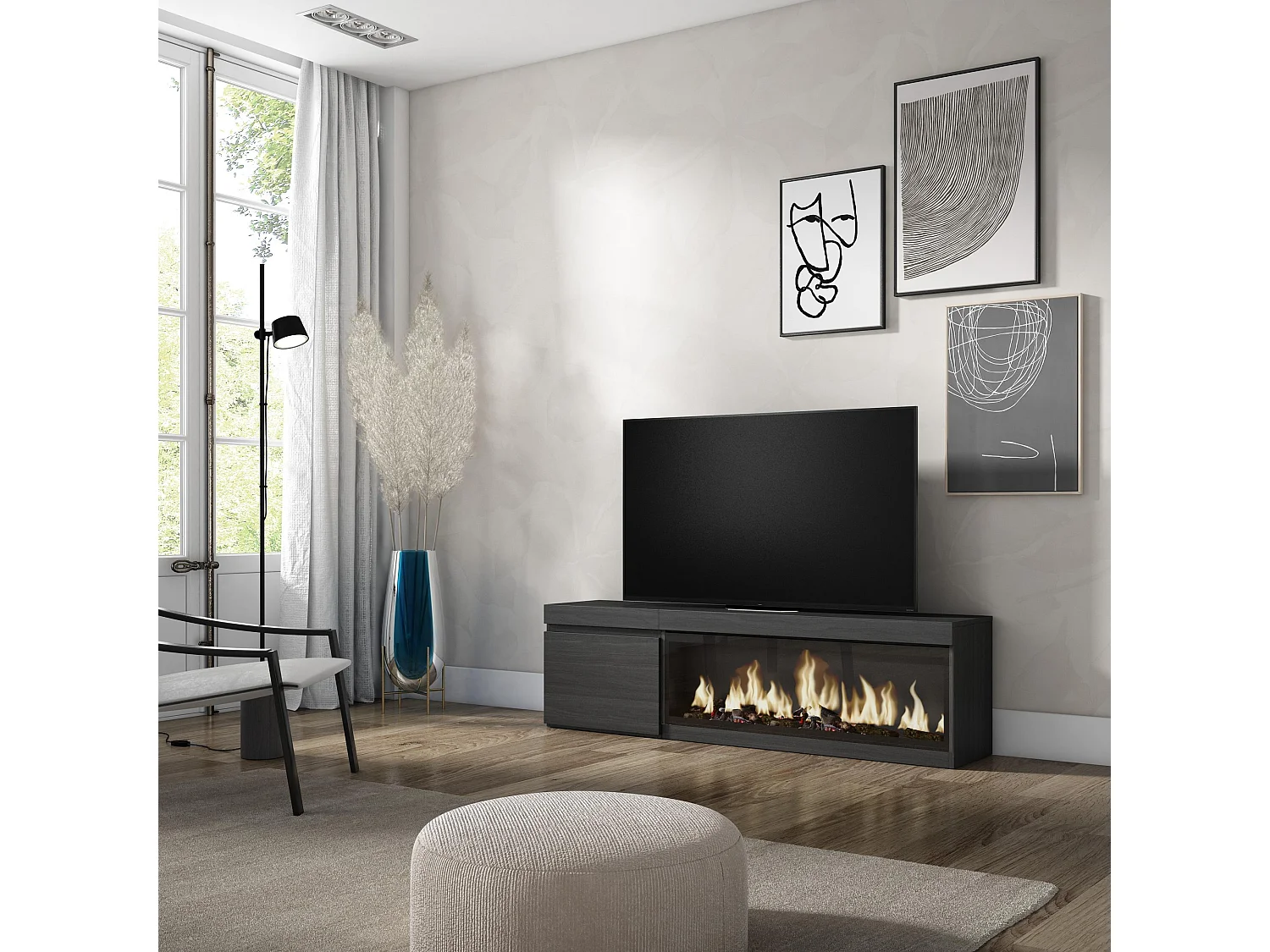 Meuble TV, Banc Télé, 158x35x45cm, Pour les TV jusqu'à 65", Cheminée électrique XXL, Noir