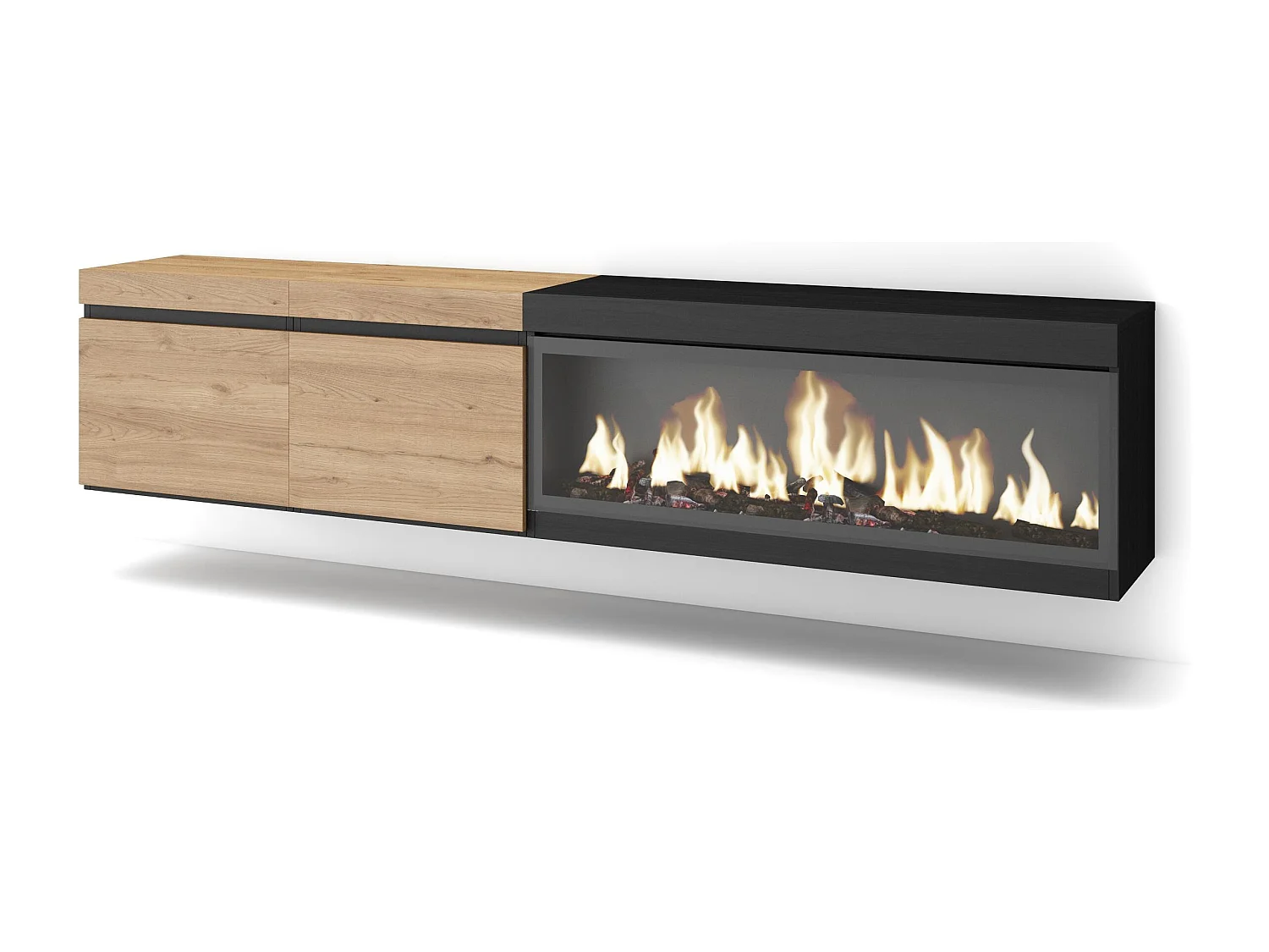 TV-Schrank, Lowboard, 208x35x45cm, Für TV-Geräte bis zu 80", Elektrokamin XXL, Hängend, Eiche Schwarz