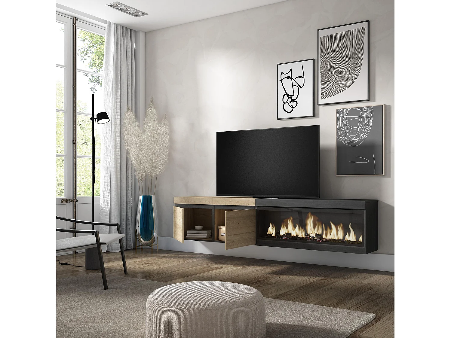 TV-Schrank, Lowboard, 208x35x45cm, Für TV-Geräte bis zu 80", Elektrokamin XXL, Hängend, Eiche Schwarz