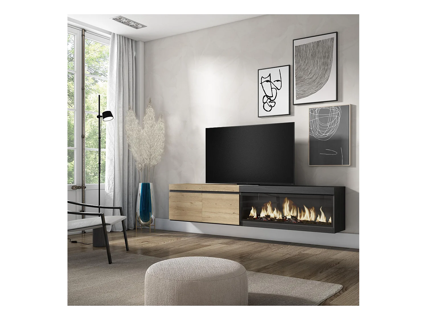 Mueble TV, Televisión, 208x35x45cm, Para TV hasta 80", Chimenea eléctrica XXL, Colgado, Suspendido, Roble y negro