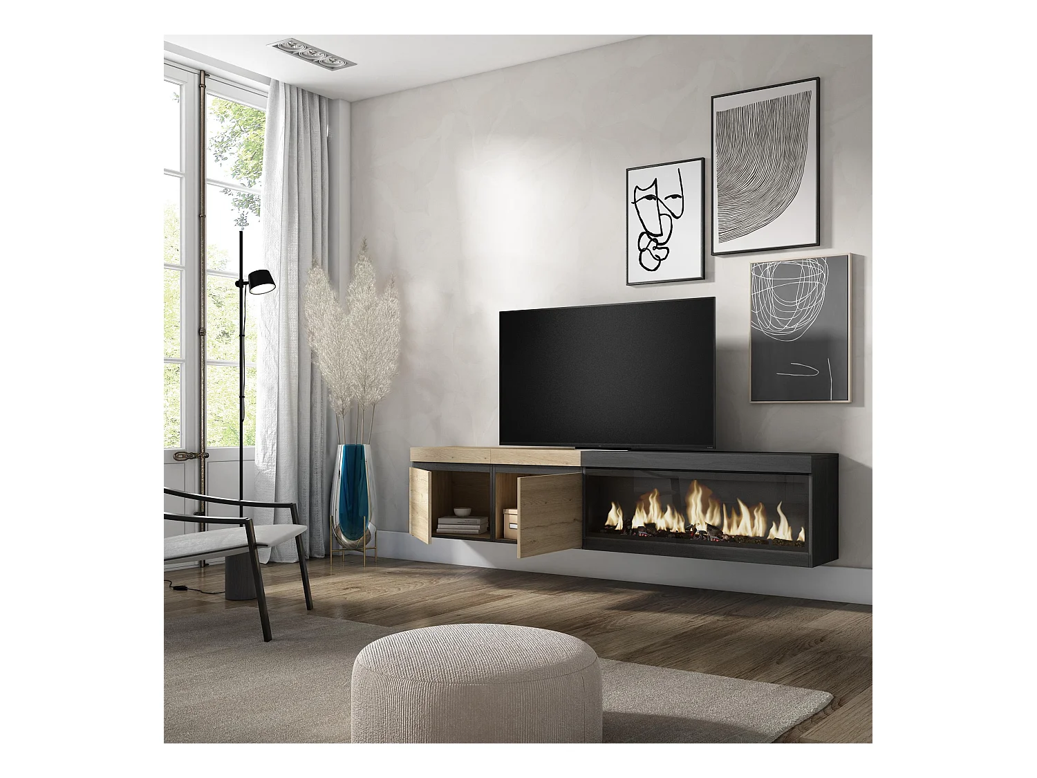 Mueble TV, Televisión, 208x35x45cm, Para TV hasta 80", Chimenea eléctrica XXL, Colgado, Suspendido, Roble y negro