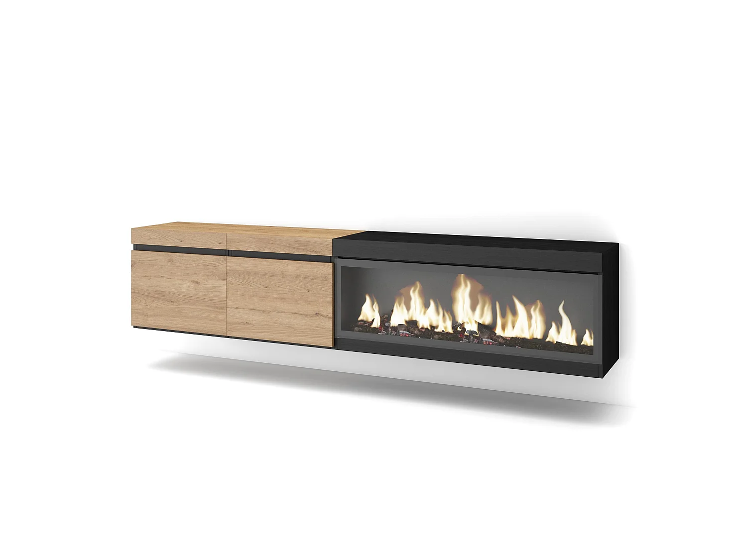 TV-Meubel, Lowboard, 208x35x45cm, Voor tv's tot 80", Elektrische haard XXL, Hangend, Eiken/Zwart