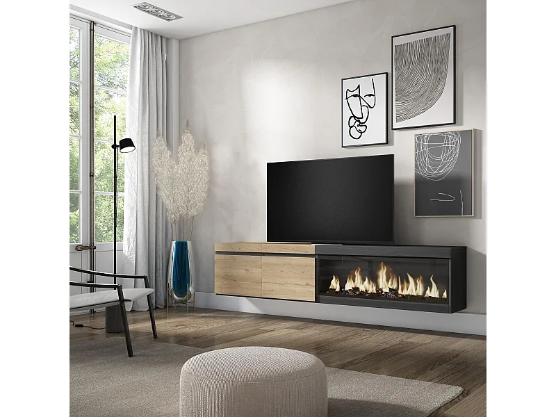 TV-Schrank, Lowboard, 208x35x45cm, Für TV-Geräte bis zu 80", Elektrokamin XXL, Hängend, Eiche Schwarz