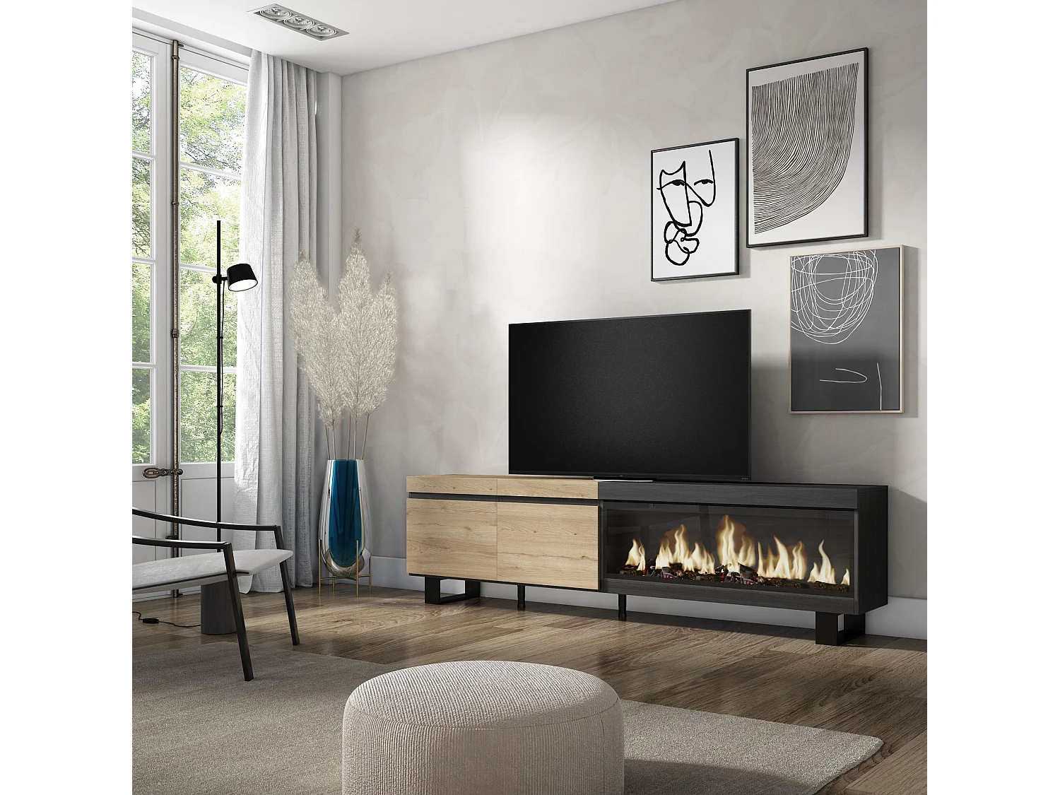 TV-Meubel, Lowboard, 208x35x57cm, Voor tv's tot 80", Elektrische haard XXL, Industrieel design, Eiken/Zwart