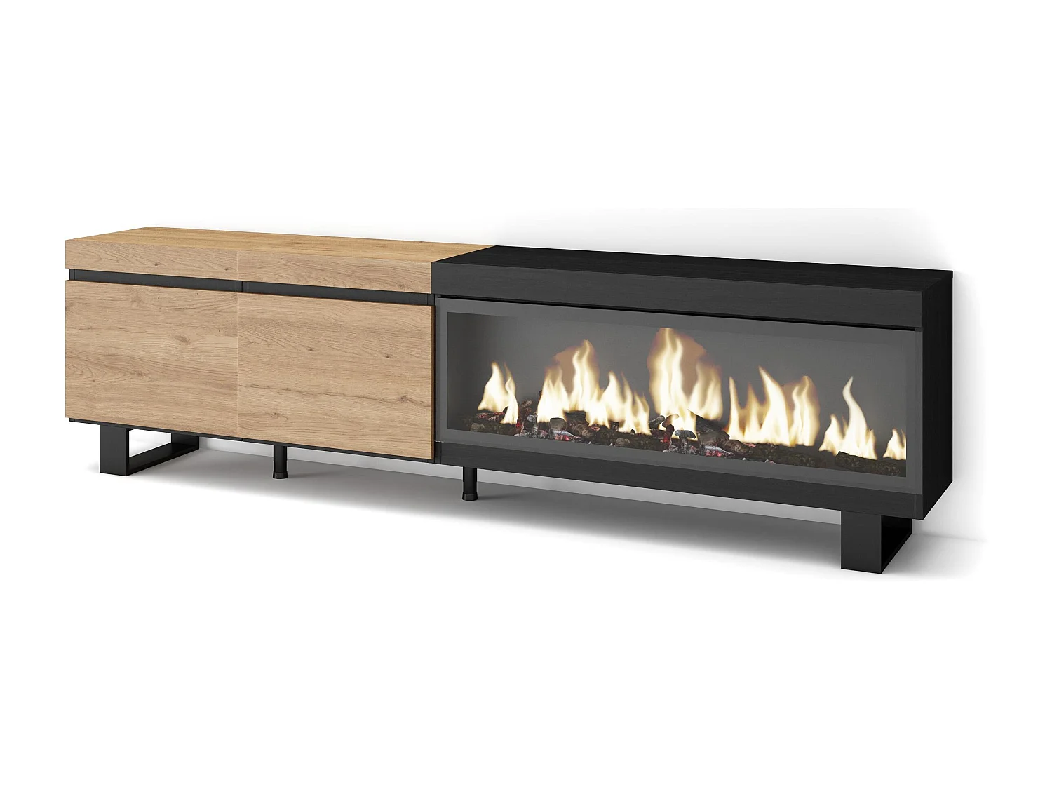 TV-Meubel, Lowboard, 208x35x57cm, Voor tv's tot 80", Elektrische haard XXL, Industrieel design, Eiken/Zwart