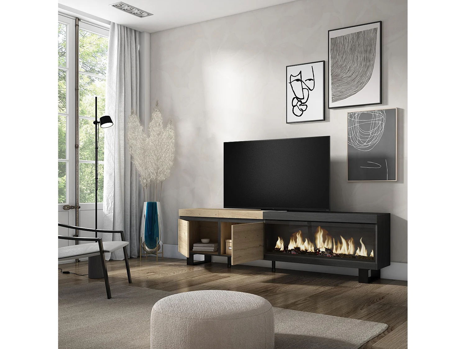 TV-Meubel, Lowboard, 208x35x57cm, Voor tv's tot 80", Elektrische haard XXL, Industrieel design, Eiken/Zwart