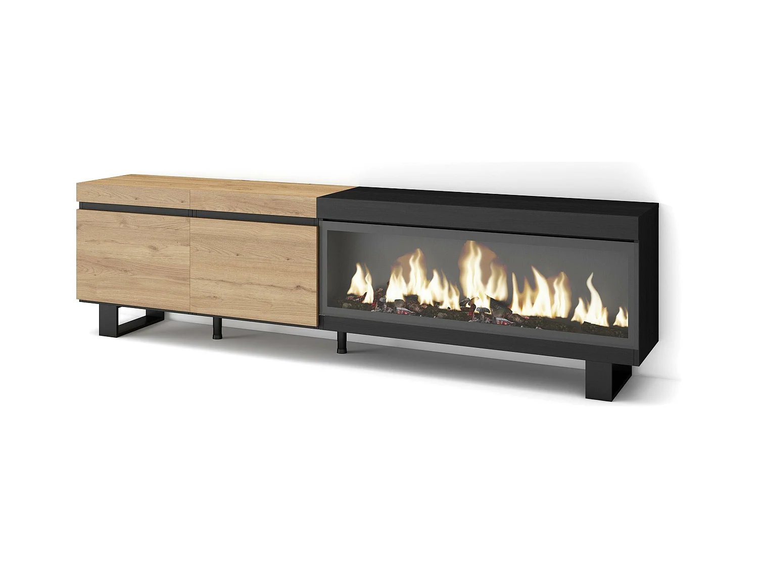 Meuble TV, Banc Télé, 208x35x57cm, Pour les TV jusqu'à 80", Cheminée électrique XXL, Design industriel, Chêne et noir