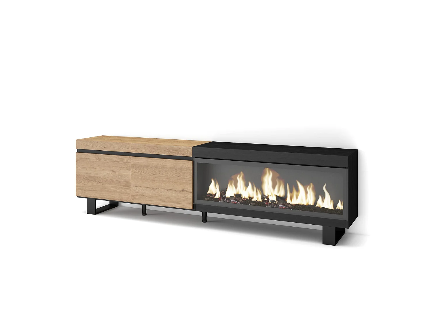 TV-Meubel, Lowboard, 208x35x57cm, Voor tv's tot 80", Elektrische haard XXL, Industrieel design, Eiken/Zwart