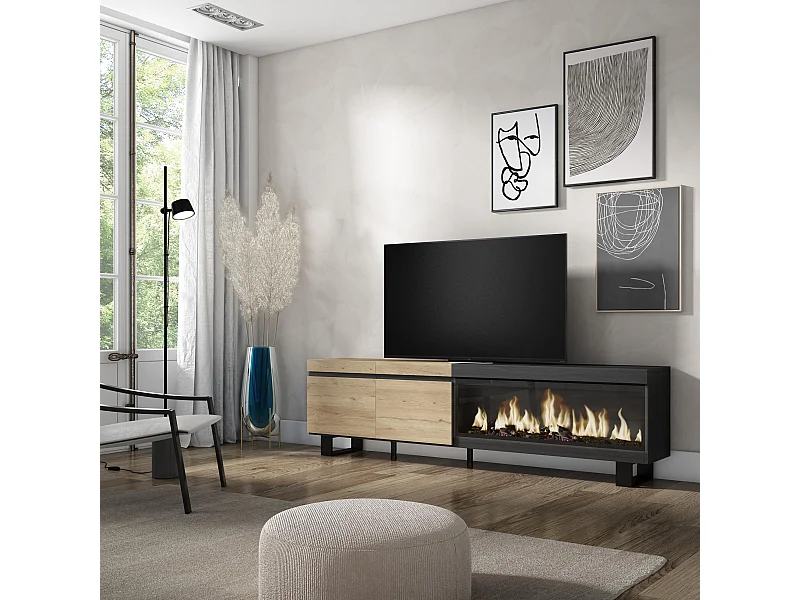 TV-Schrank, Lowboard, 208x35x57cm, Für TV-Geräte bis zu 80", Elektrokamin XXL, Industriedesign, Eiche Schwarz