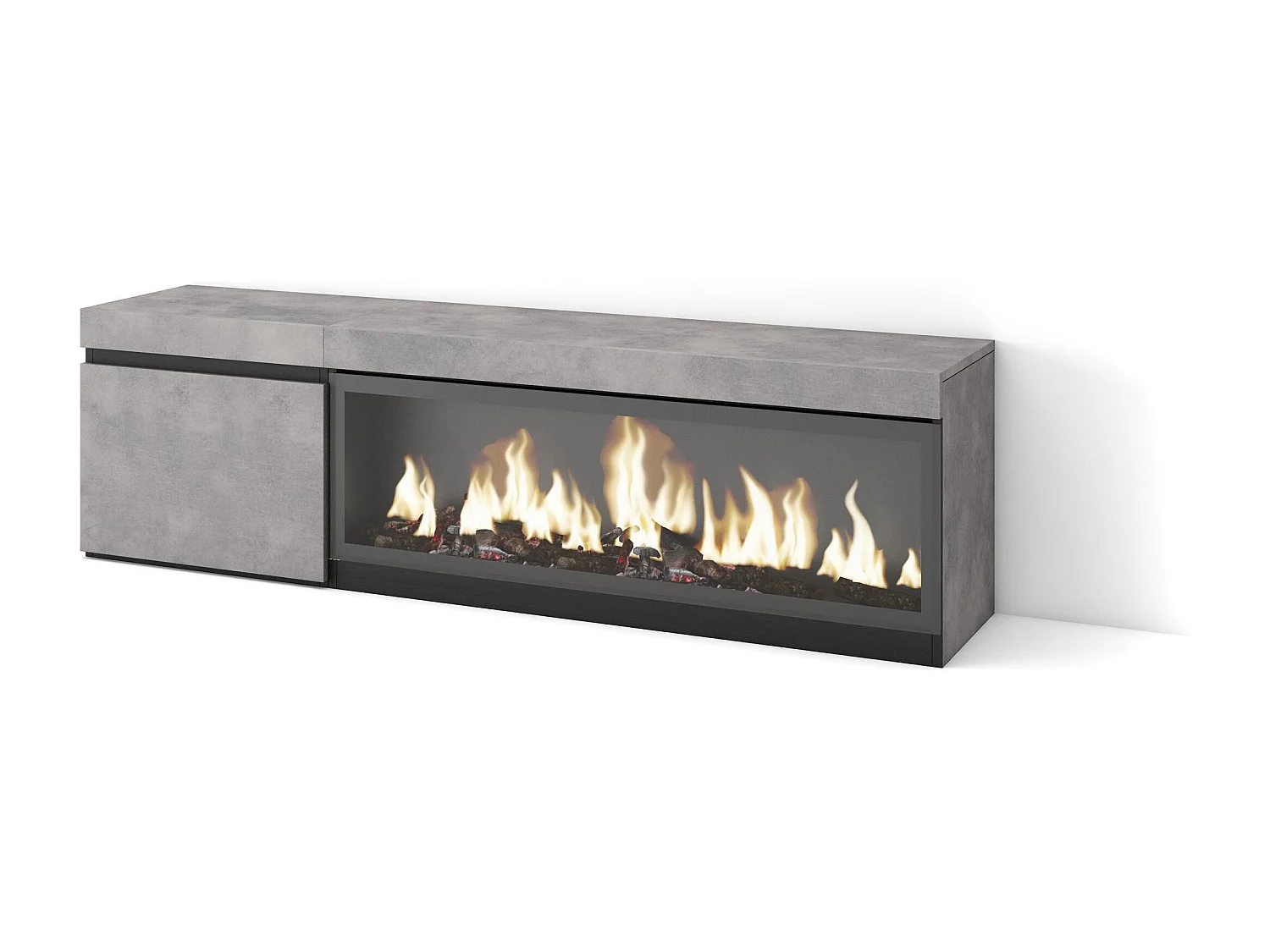 Meuble TV, Banc Télé, 158x35x45cm, Pour les TV jusqu'à 65", Cheminée électrique XXL, Ciment