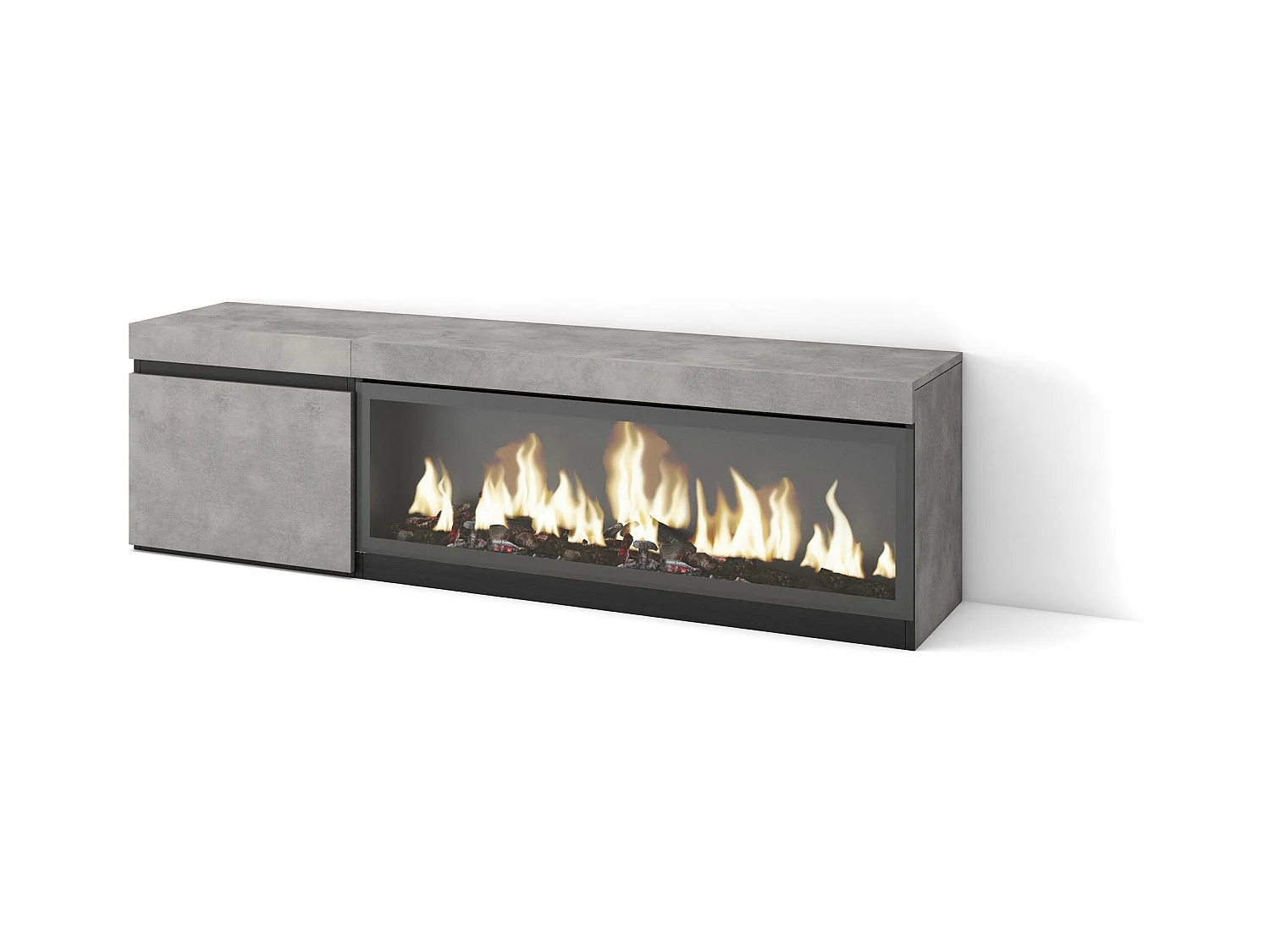 Meuble TV, Banc Télé, 158x35x45cm, Pour les TV jusqu'à 65", Cheminée électrique XXL, Ciment