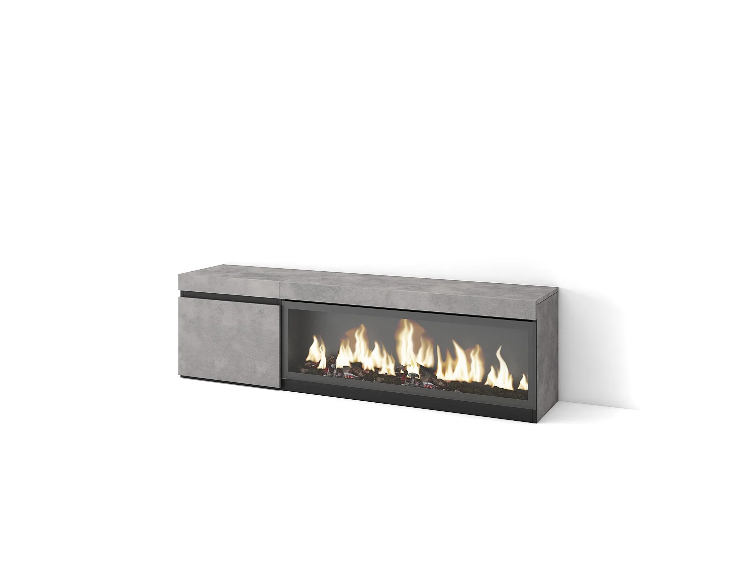 Meuble TV, Banc Télé, 158x35x45cm, Pour les TV jusqu'à 65", Cheminée électrique XXL, Ciment