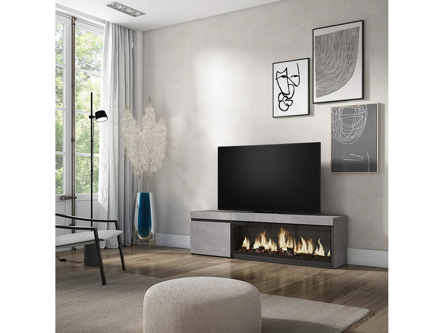 Meuble TV, Banc Télé, 158x35x45cm, Pour les TV jusqu'à 65", Cheminée électrique XXL, Ciment