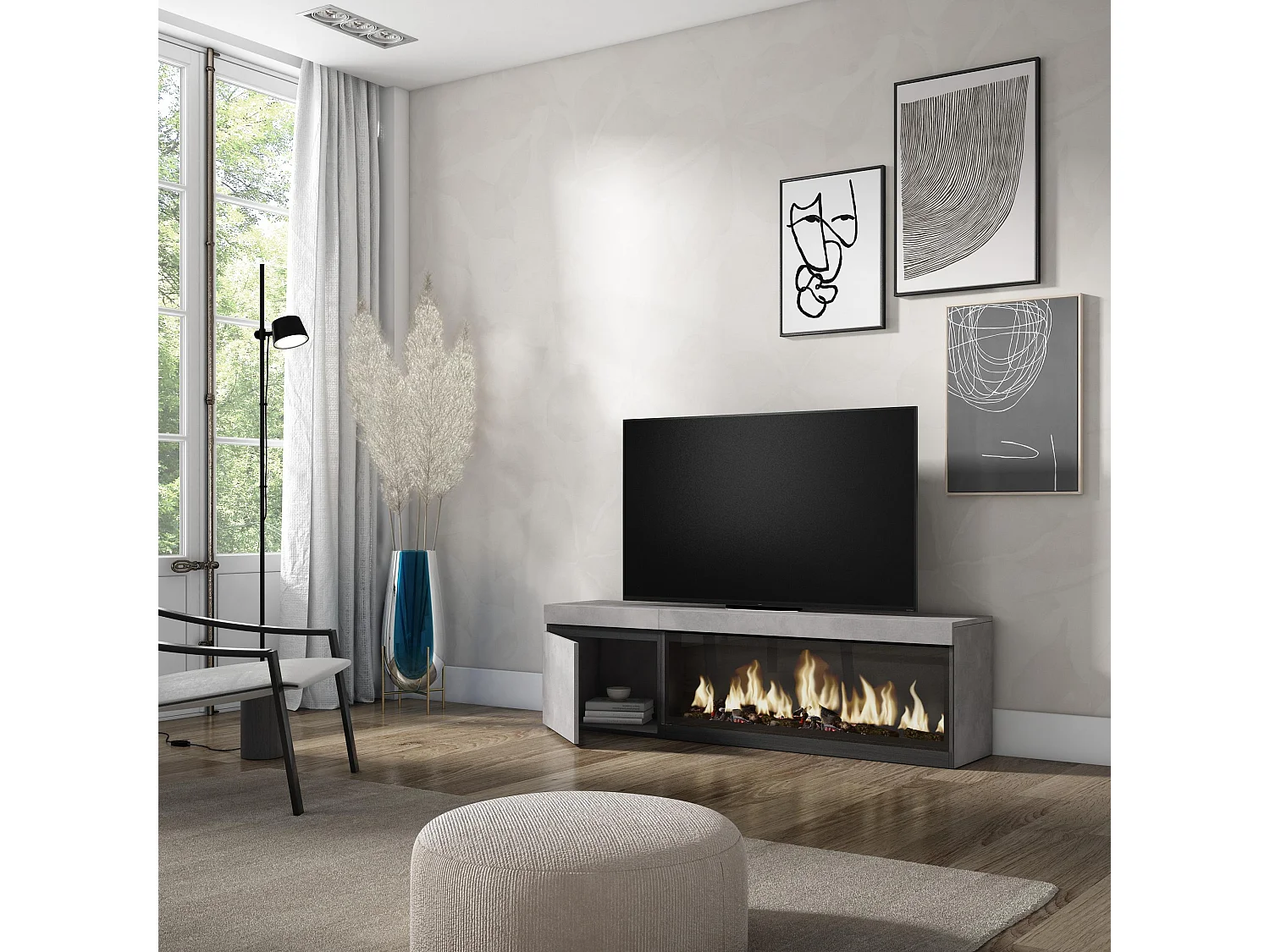 Meuble TV, Banc Télé, 158x35x45cm, Pour les TV jusqu'à 65", Cheminée électrique XXL, Ciment
