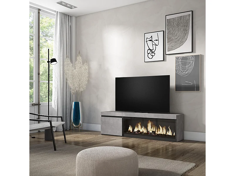 TV-Meubel, Lowboard, 158x35x45cm, Voor tv's tot 65", Elektrische haard XXL, Cement