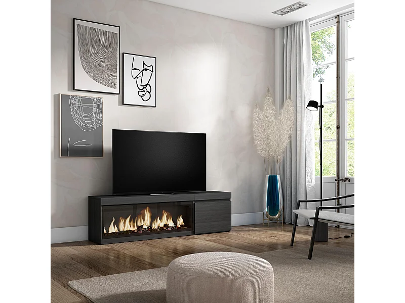 Meuble TV, Banc Télé, 158x35x45cm, Pour les TV jusqu'à 65", Cheminée électrique XXL, Noir