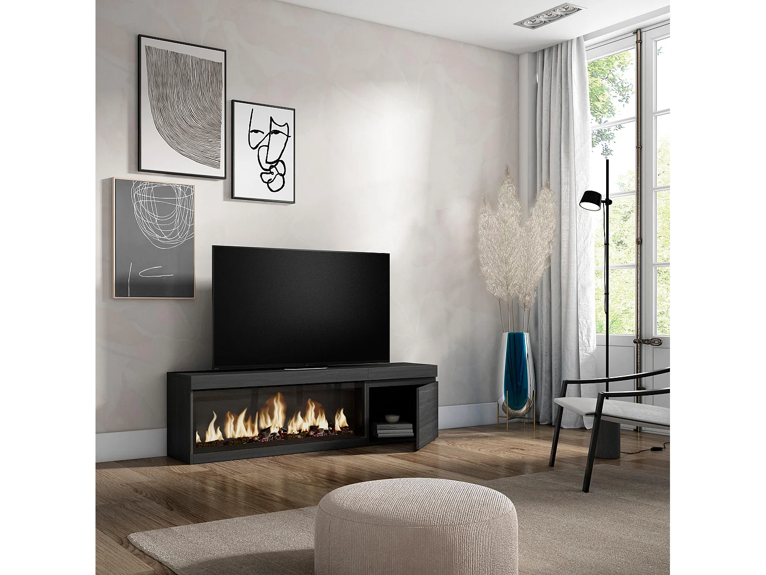 Meuble TV, Banc Télé, 158x35x45cm, Pour les TV jusqu'à 65", Cheminée électrique XXL, Noir