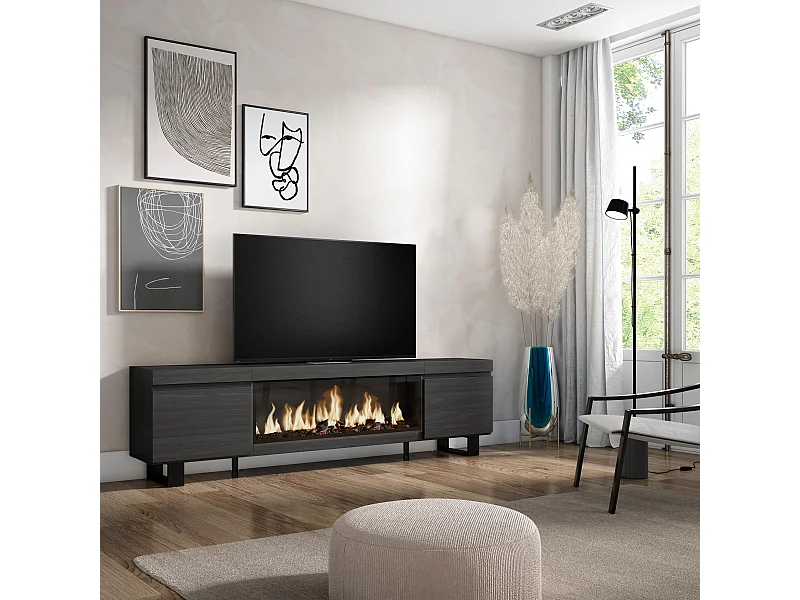 Meuble TV, Banc Télé, 208x35x57cm, Pour les TV jusqu'à 80", Cheminée électrique XXL, Design industriel, Noir