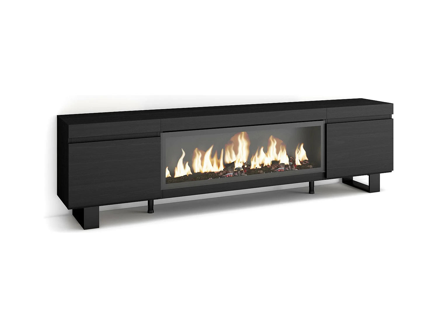 Meuble TV, Banc Télé, 208x35x57cm, Pour les TV jusqu'à 80", Cheminée électrique XXL, Design industriel, Noir