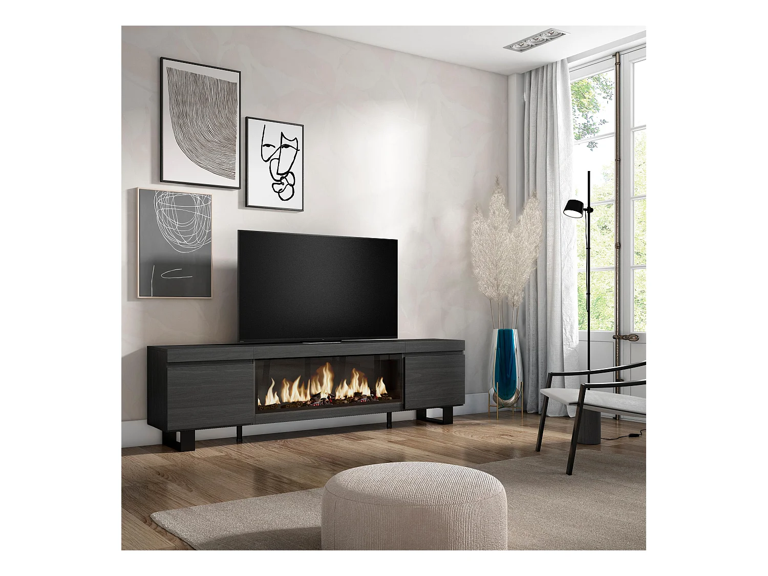 TV-Meubel, Lowboard, 208x35x57cm, Voor tv's tot 80", Elektrische haard XXL, Industrieel design, Zwart