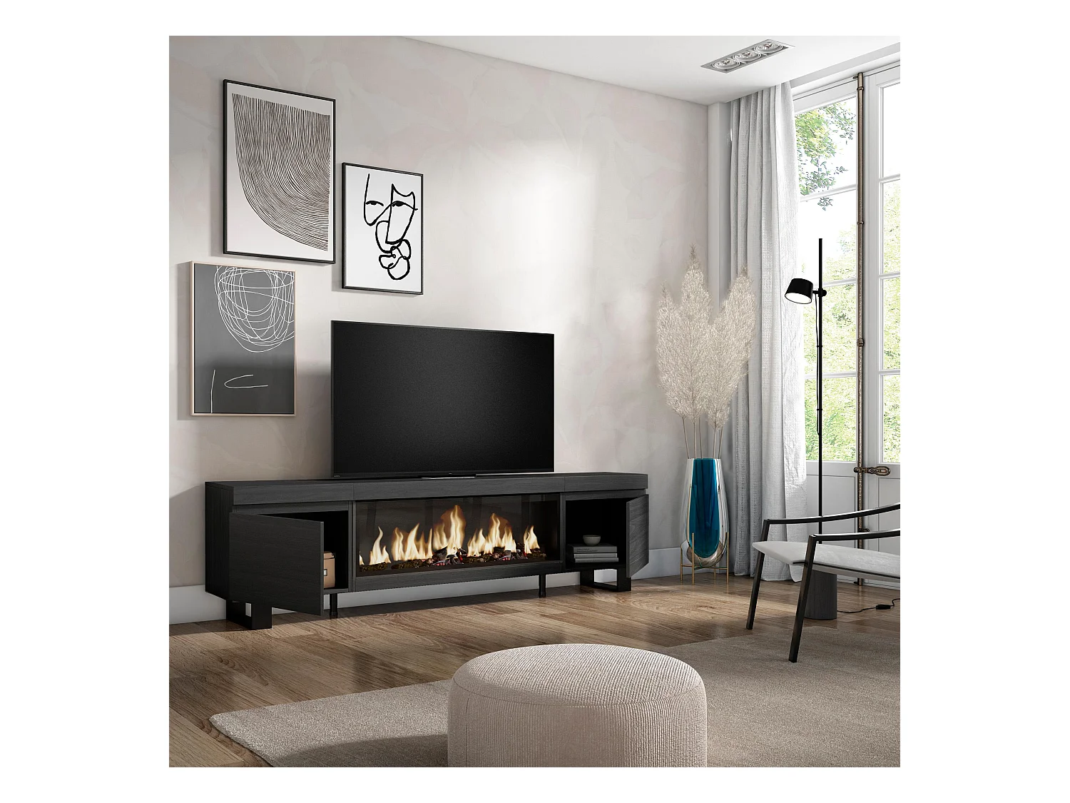 TV-Meubel, Lowboard, 208x35x57cm, Voor tv's tot 80", Elektrische haard XXL, Industrieel design, Zwart