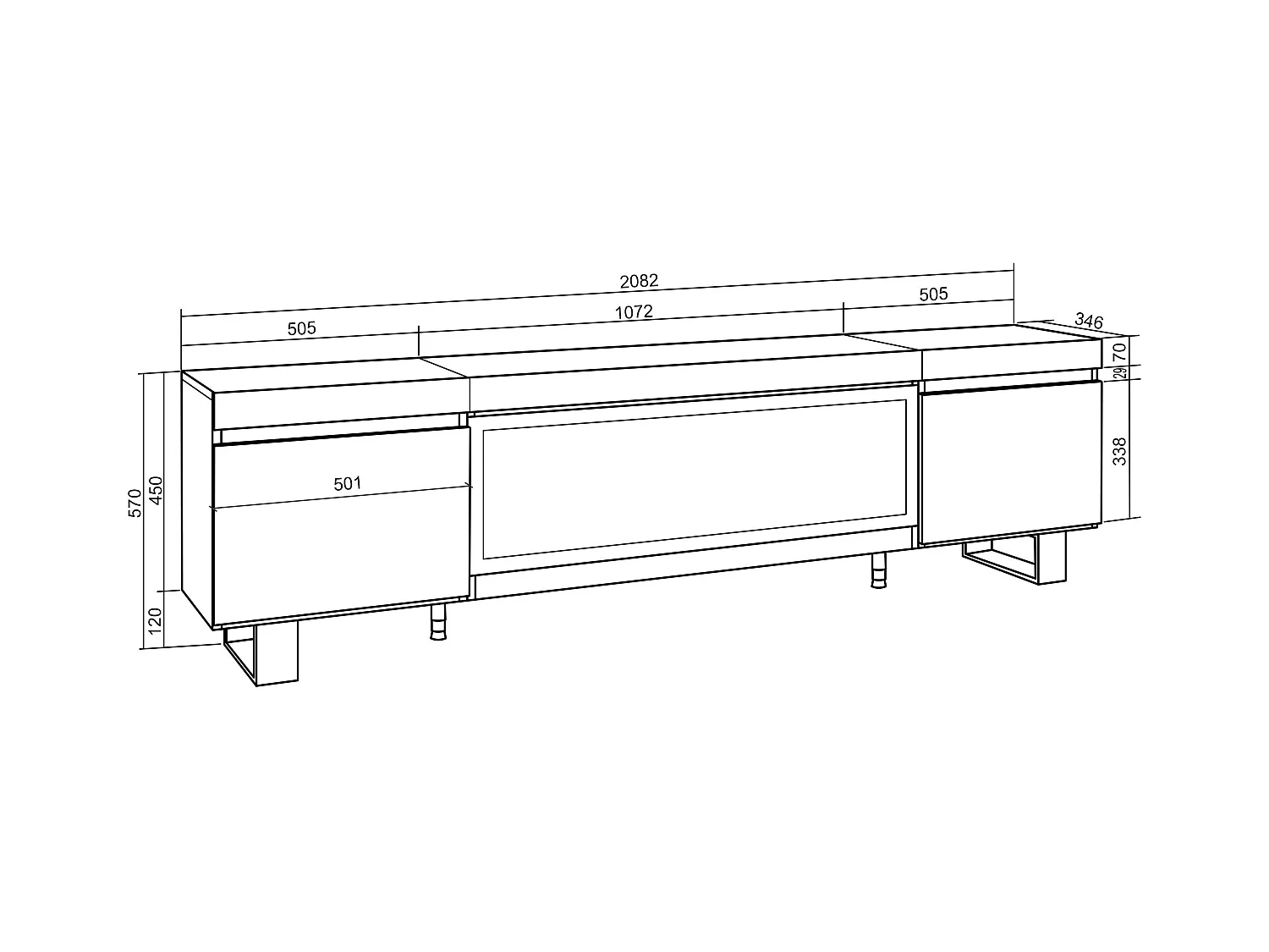 TV-Meubel, Lowboard, 208x35x57cm, Voor tv's tot 80", Elektrische haard XXL, Industrieel design, Zwart