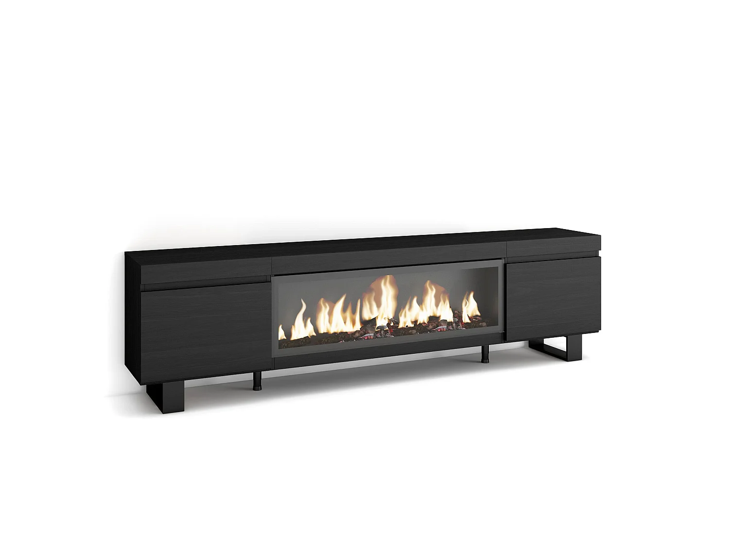 Meuble TV, Banc Télé, 208x35x57cm, Pour les TV jusqu'à 80", Cheminée électrique XXL, Design industriel, Noir