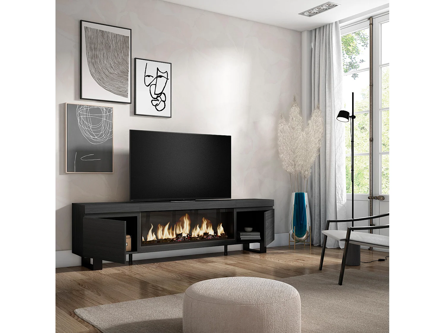 Meuble TV, Banc Télé, 208x35x57cm, Pour les TV jusqu'à 80", Cheminée électrique XXL, Design industriel, Noir