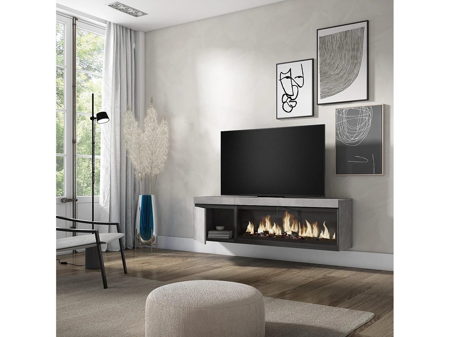 Meuble TV, Banc Télé, 158x35x45cm, Pour les TV jusqu'à 65", Cheminée électrique XXL, Suspendu, Mural, Ciment