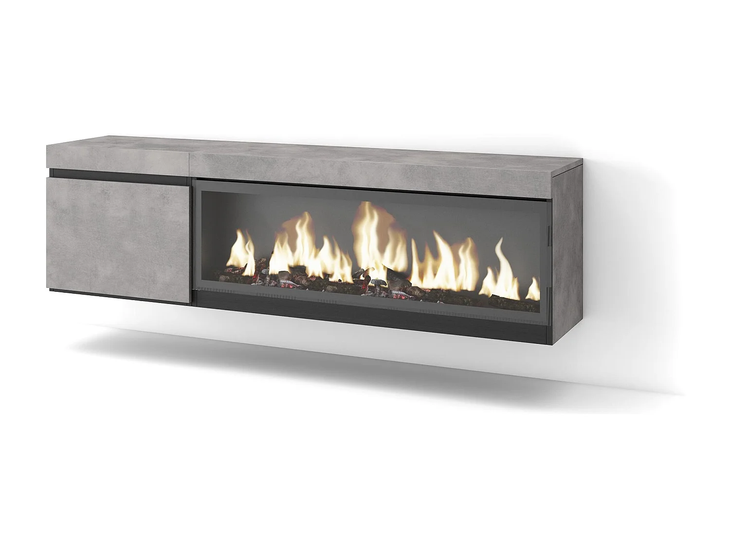Móvel de TV, 158x35x45cm, Para televisores até 65", Lareira eléctrica XXL, Suspensos, Cimento