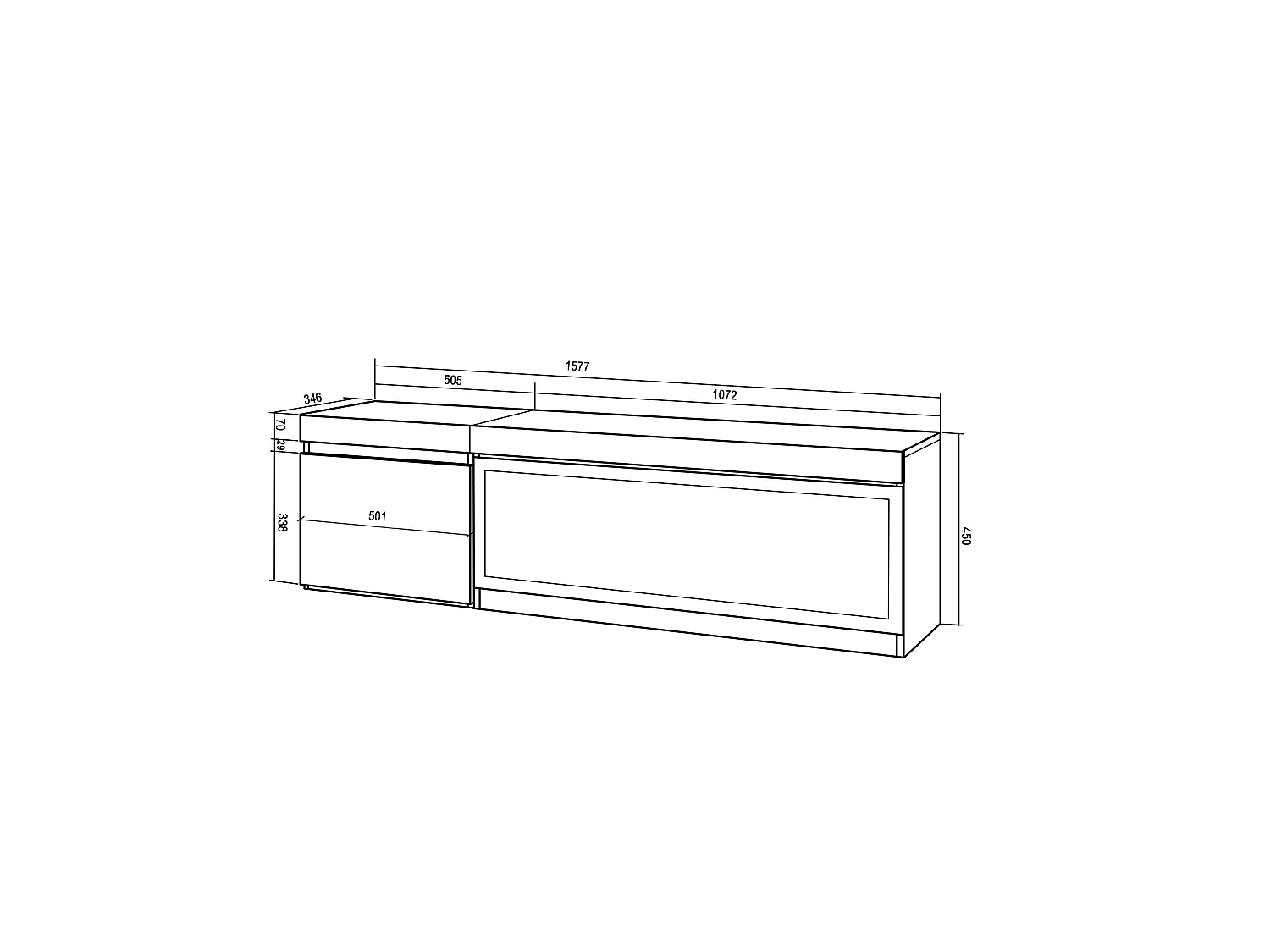 TV-Meubel, Lowboard, 158x35x45cm, Voor tv's tot 65", Elektrische haard XXL, Hangend, Cement