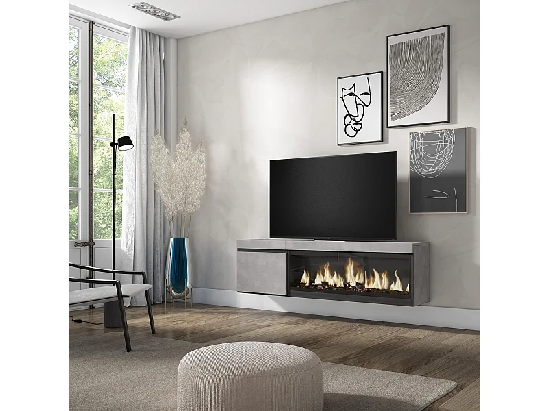 TV-Schrank, Lowboard, 158x35x45cm, Für TV-Geräte bis zu 65", Elektrokamin XXL, Hängend, Zement