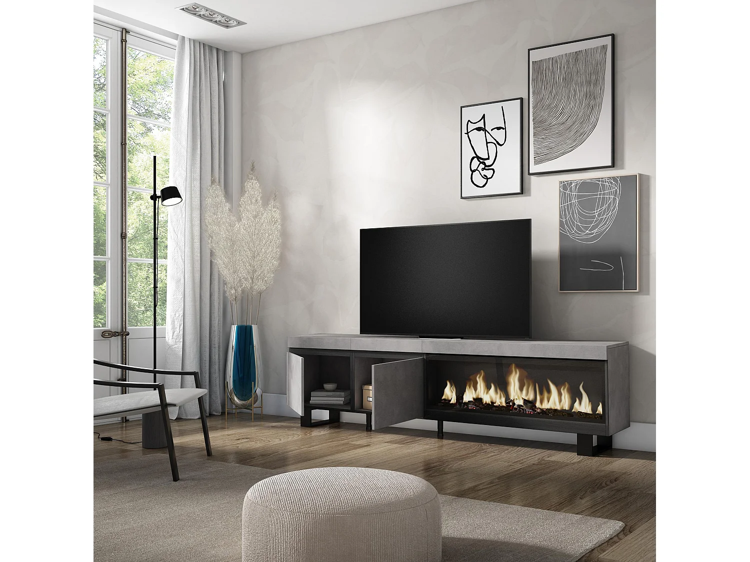 Meuble TV, Banc Télé, 208x35x57cm, Pour les TV jusqu'à 80", Cheminée électrique XXL, Design industriel, Ciment