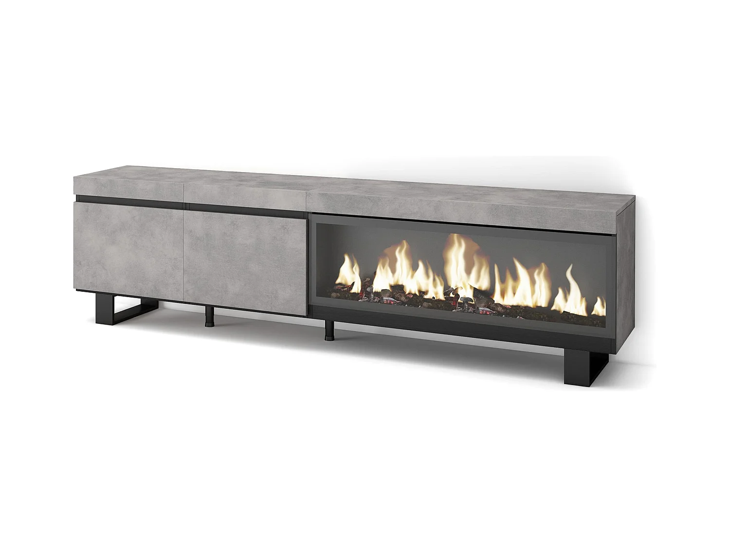 Meuble TV, Banc Télé, 208x35x57cm, Pour les TV jusqu'à 80", Cheminée électrique XXL, Design industriel, Ciment