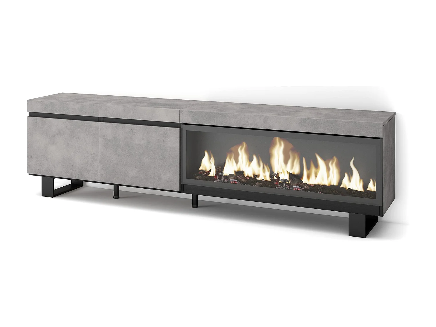 Meuble TV, Banc Télé, 208x35x57cm, Pour les TV jusqu'à 80", Cheminée électrique XXL, Design industriel, Ciment