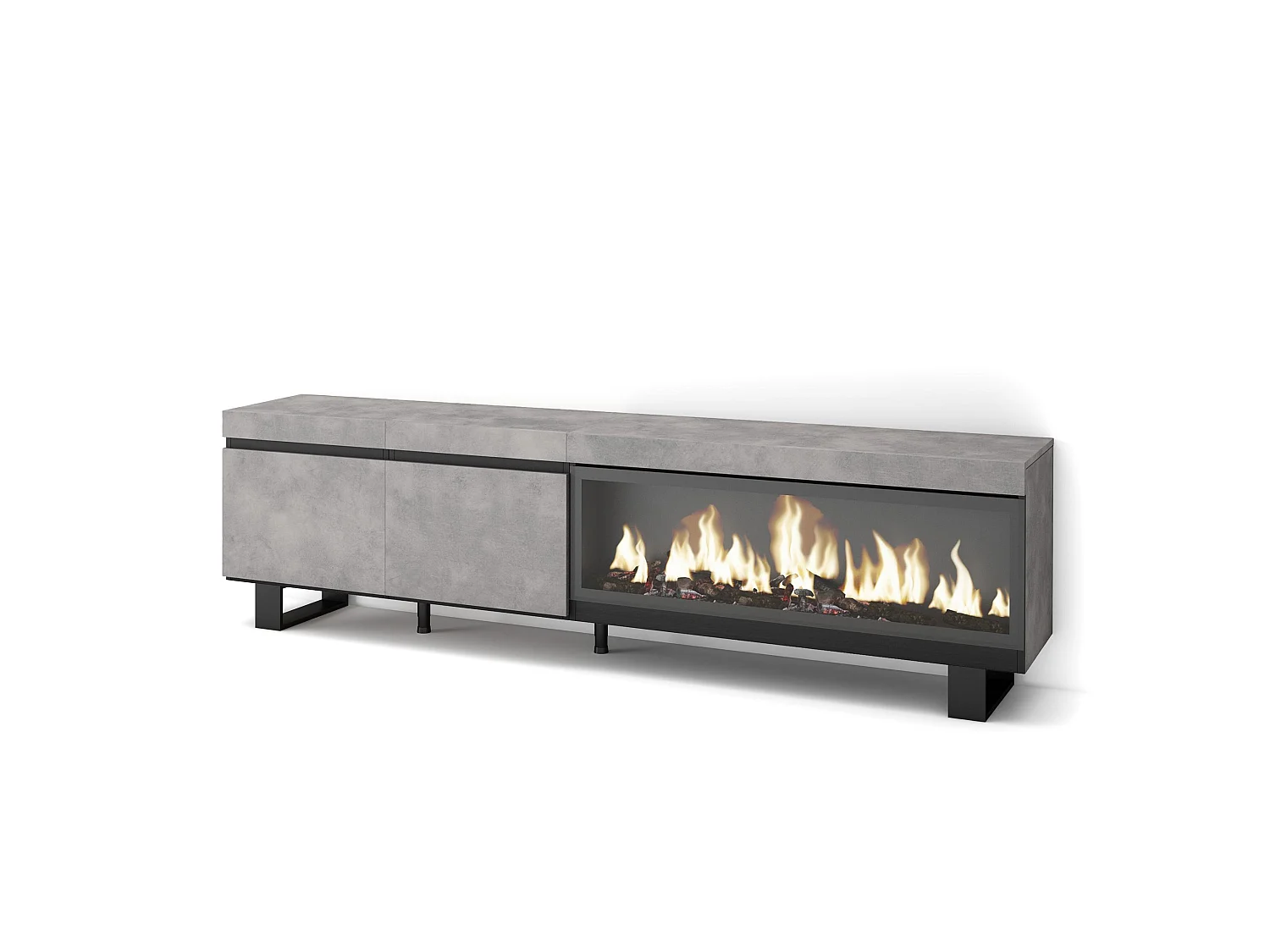 Meuble TV, Banc Télé, 208x35x57cm, Pour les TV jusqu'à 80", Cheminée électrique XXL, Design industriel, Ciment