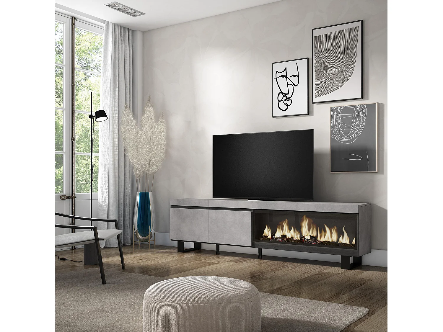 Meuble TV, Banc Télé, 208x35x57cm, Pour les TV jusqu'à 80", Cheminée électrique XXL, Design industriel, Ciment