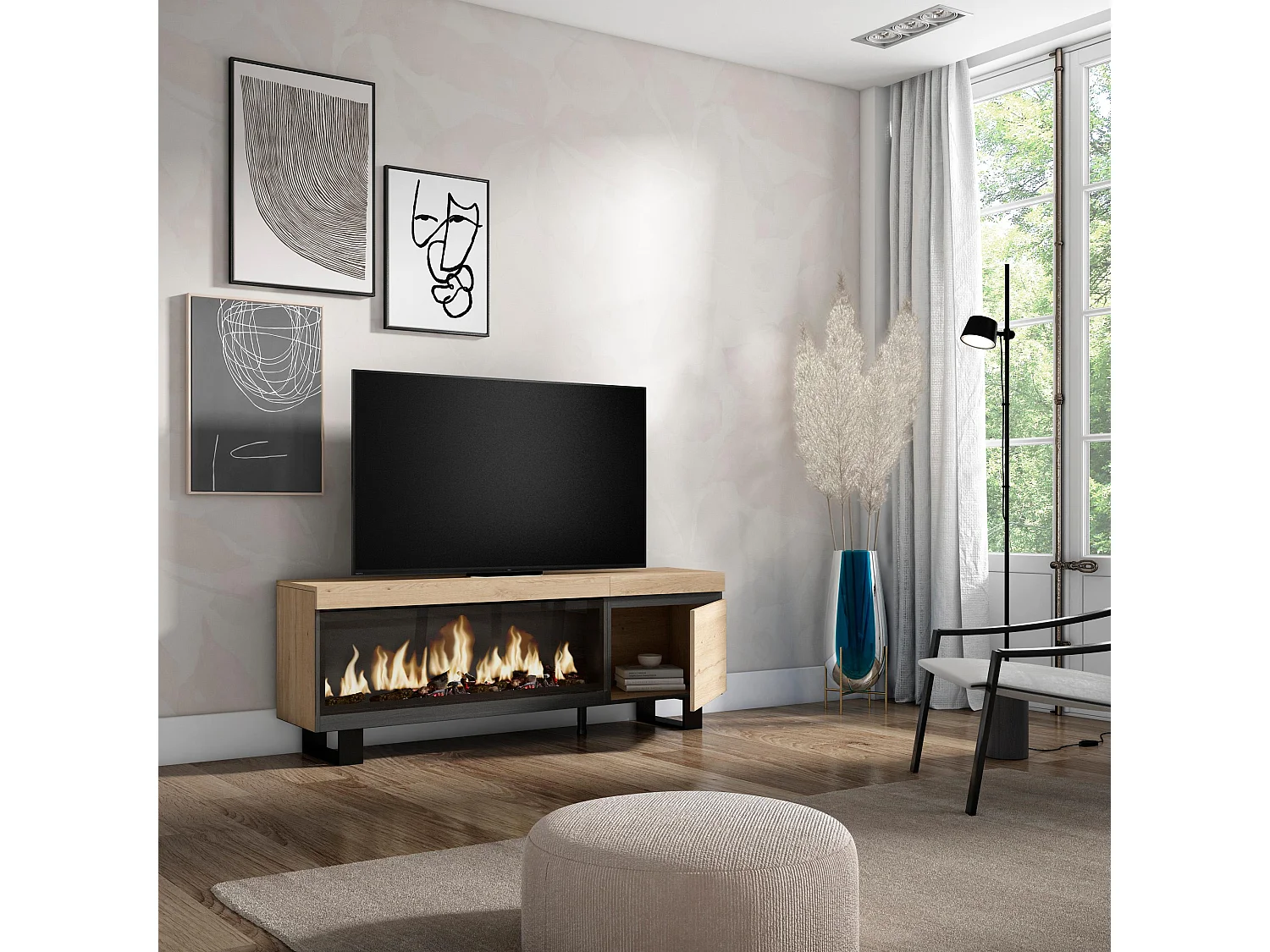 Meuble TV, Banc Télé, 158x35x57cm, Pour les TV jusqu'à 65", Cheminée électrique XXL, Design industriel, Chêne
