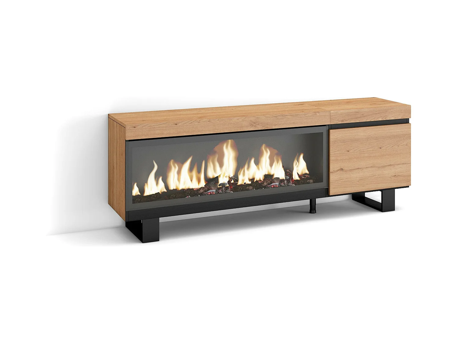 TV-Meubel, Lowboard, 158x35x57cm, Voor tv's tot 65", Elektrische haard XXL, Industrieel design, Eiken