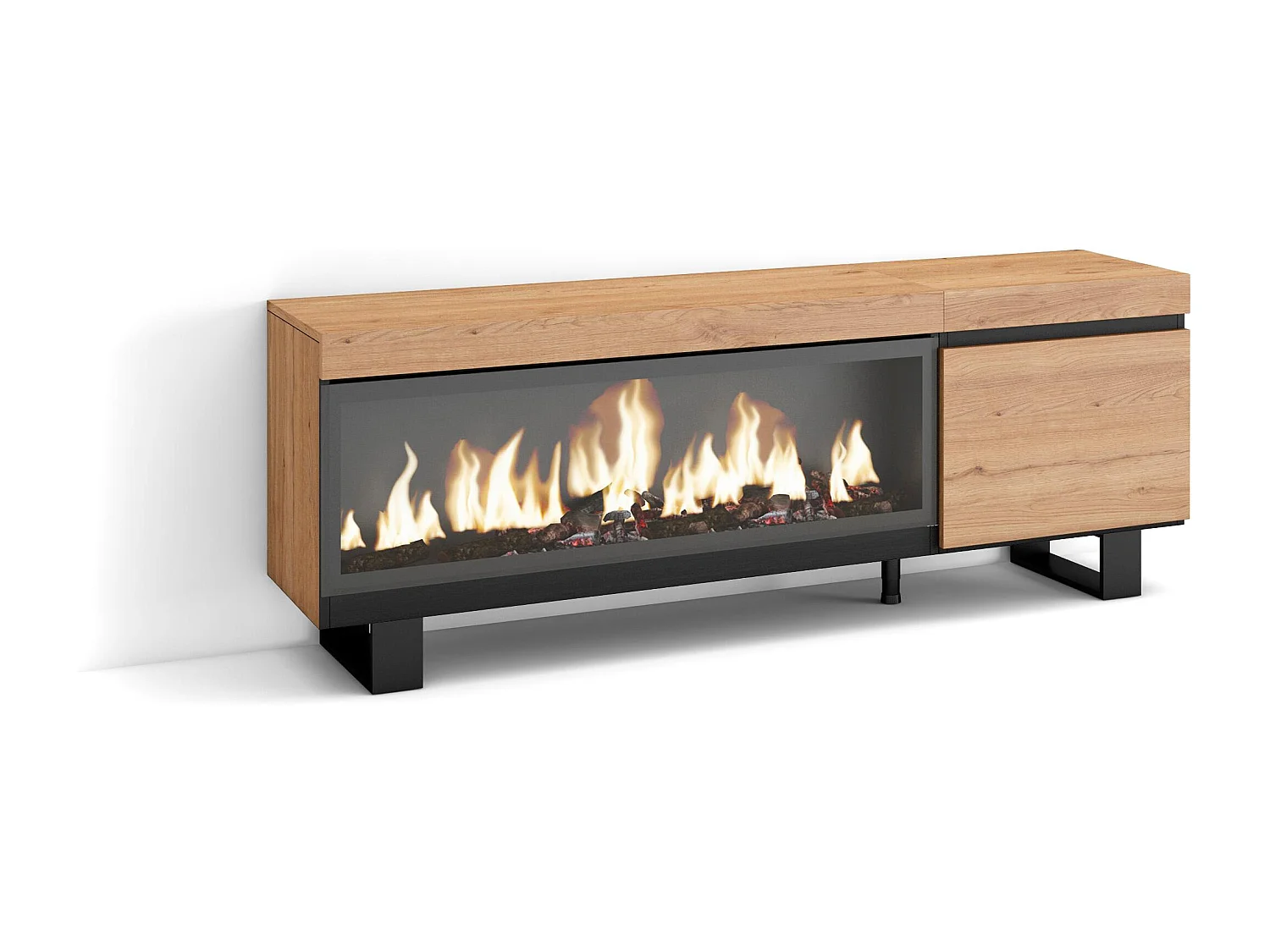 Meuble TV, Banc Télé, 158x35x57cm, Pour les TV jusqu'à 65", Cheminée électrique XXL, Design industriel, Chêne