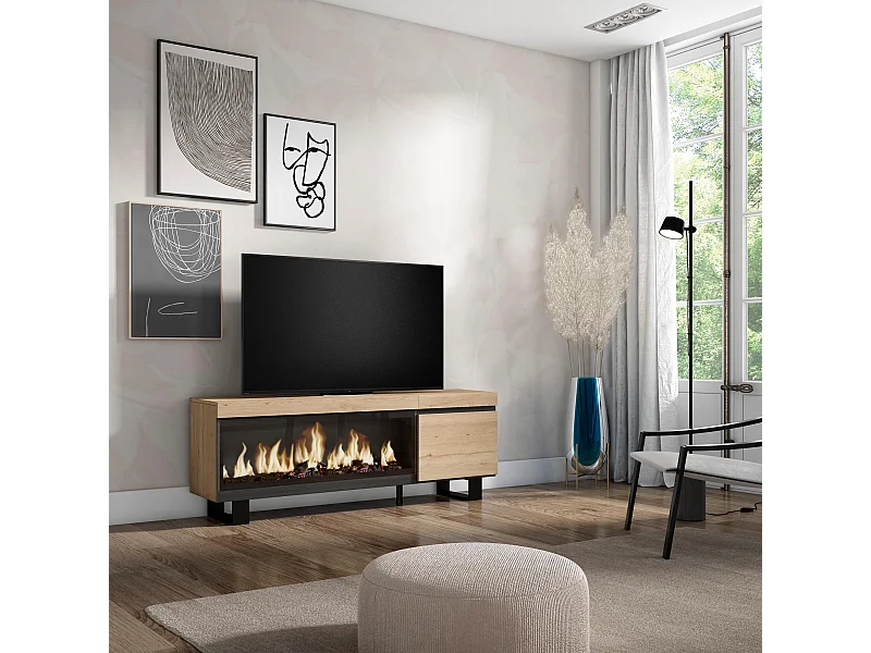 Mueble TV, Televisión, 158x35x57cm, Para TV hasta 65", Chimenea eléctrica XXL, Diseño industrial, Roble