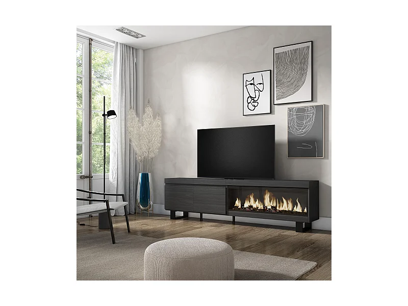 Móvel de TV, 208x35x57cm, Para televisores até 80", Lareira eléctrica XXL, Design industrial, Preto