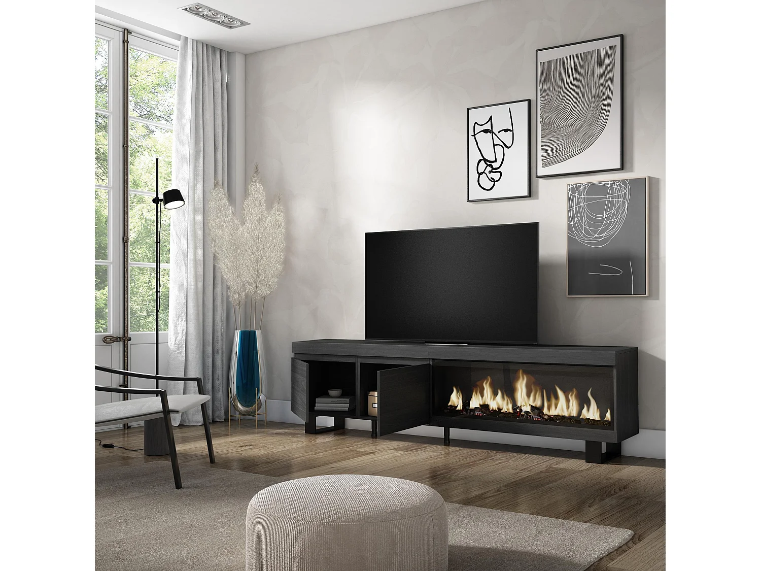 Meuble TV, Banc Télé, 208x35x57cm, Pour les TV jusqu'à 80", Cheminée électrique XXL, Design industriel, Noir