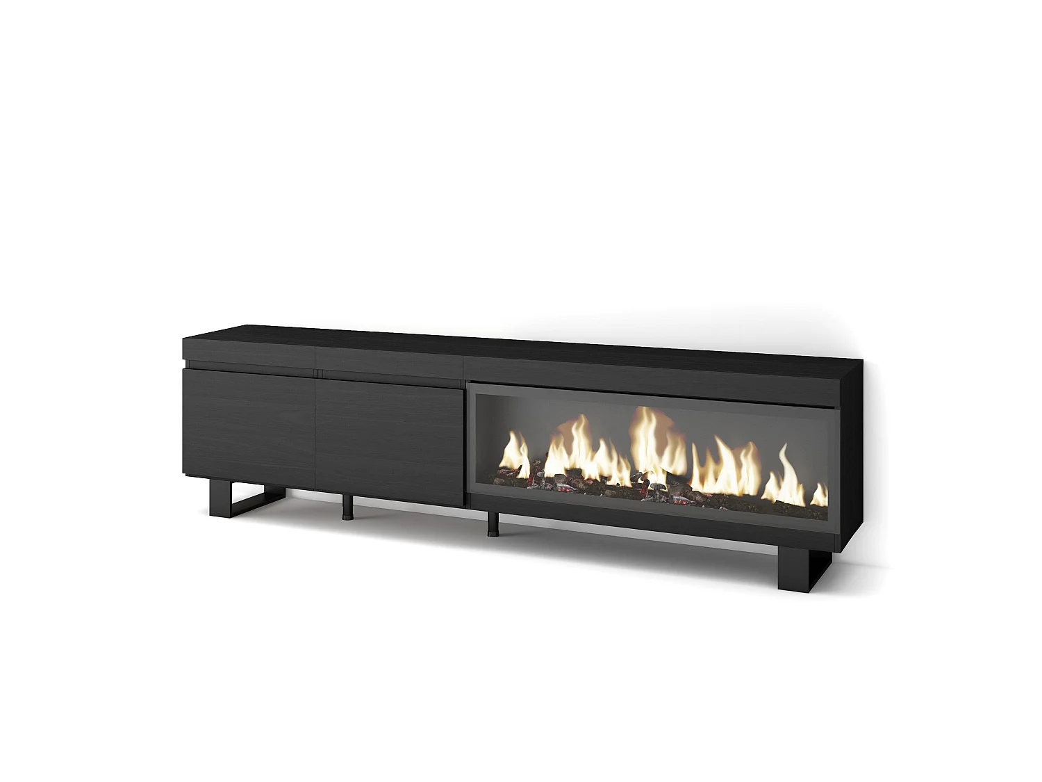 Meuble TV, Banc Télé, 208x35x57cm, Pour les TV jusqu'à 80", Cheminée électrique XXL, Design industriel, Noir