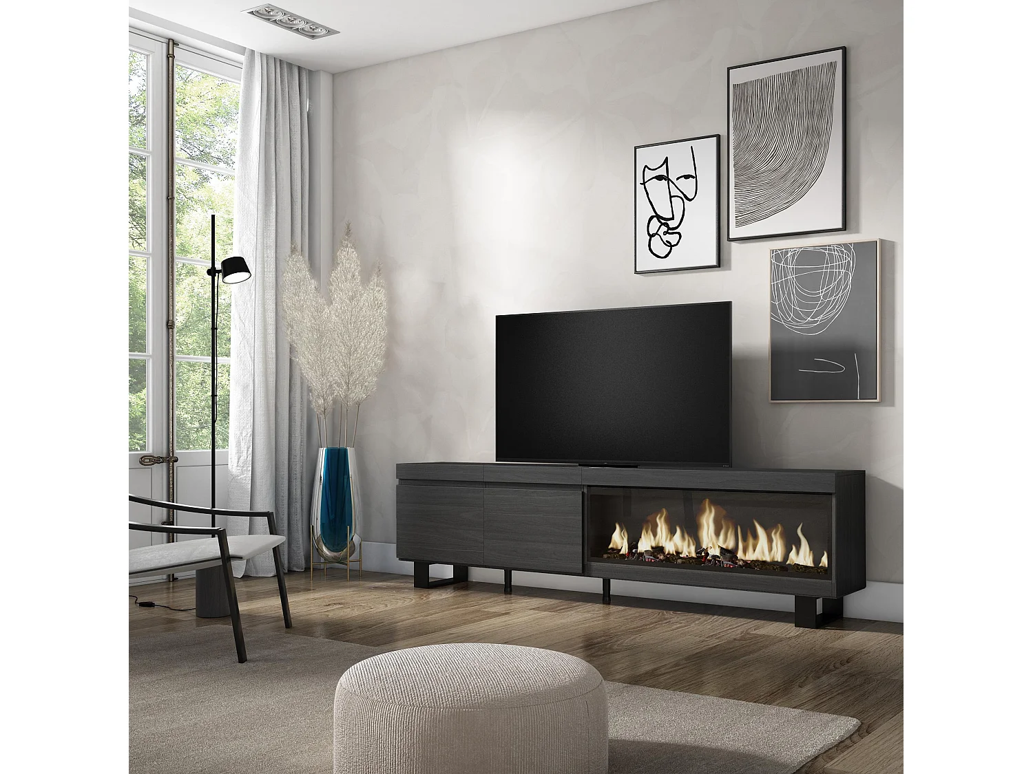 Meuble TV, Banc Télé, 208x35x57cm, Pour les TV jusqu'à 80", Cheminée électrique XXL, Design industriel, Noir